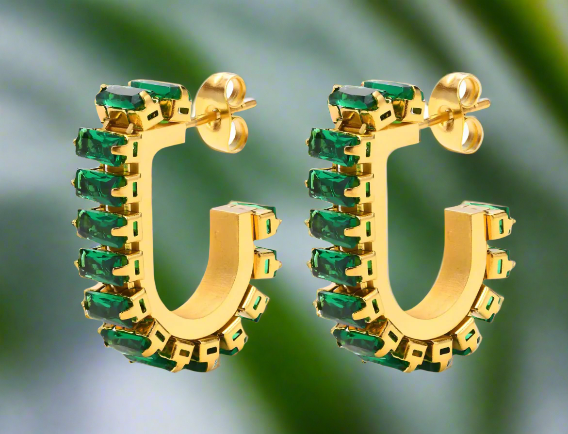 Earrings Hypoallergenic, 18K Gold Plated Stainless Steel, Green Zirconia