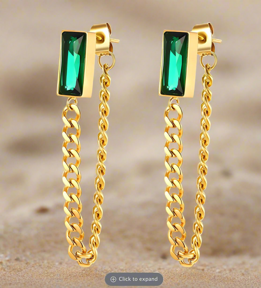 Earrings_Hypoallergenic 18k Gold Plated, Stainless Steel, Single Green Zirconia and Hanging Chain