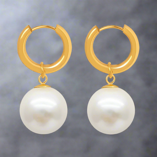 Earrings, 18k Gold Plated Stainless Steel, Pearl Imitation