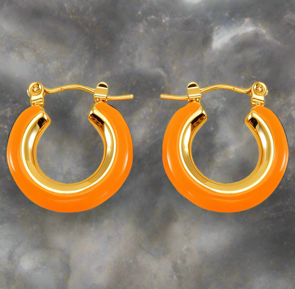 Earrings, 18K Gold Plated Stainless Steel, Orange Enamel, Hypoallergenic