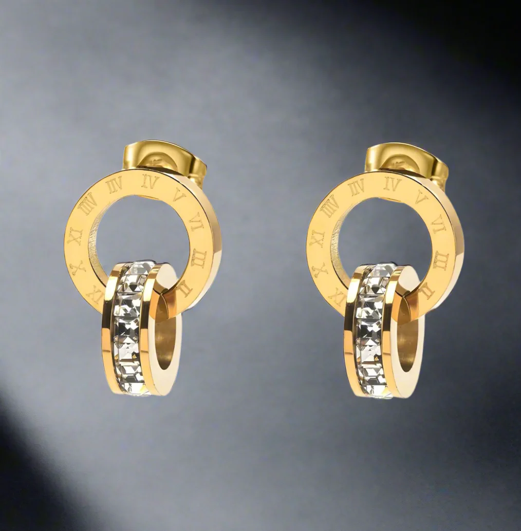 Earrings, 18k Gold Plated Stainless Steel, Roman Design, Hypoallergenic