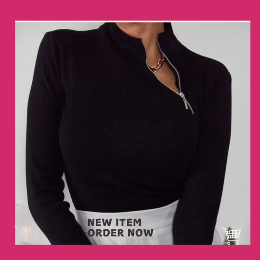 Blouse-Black Collar Zipper - Long sleeve - High Quality